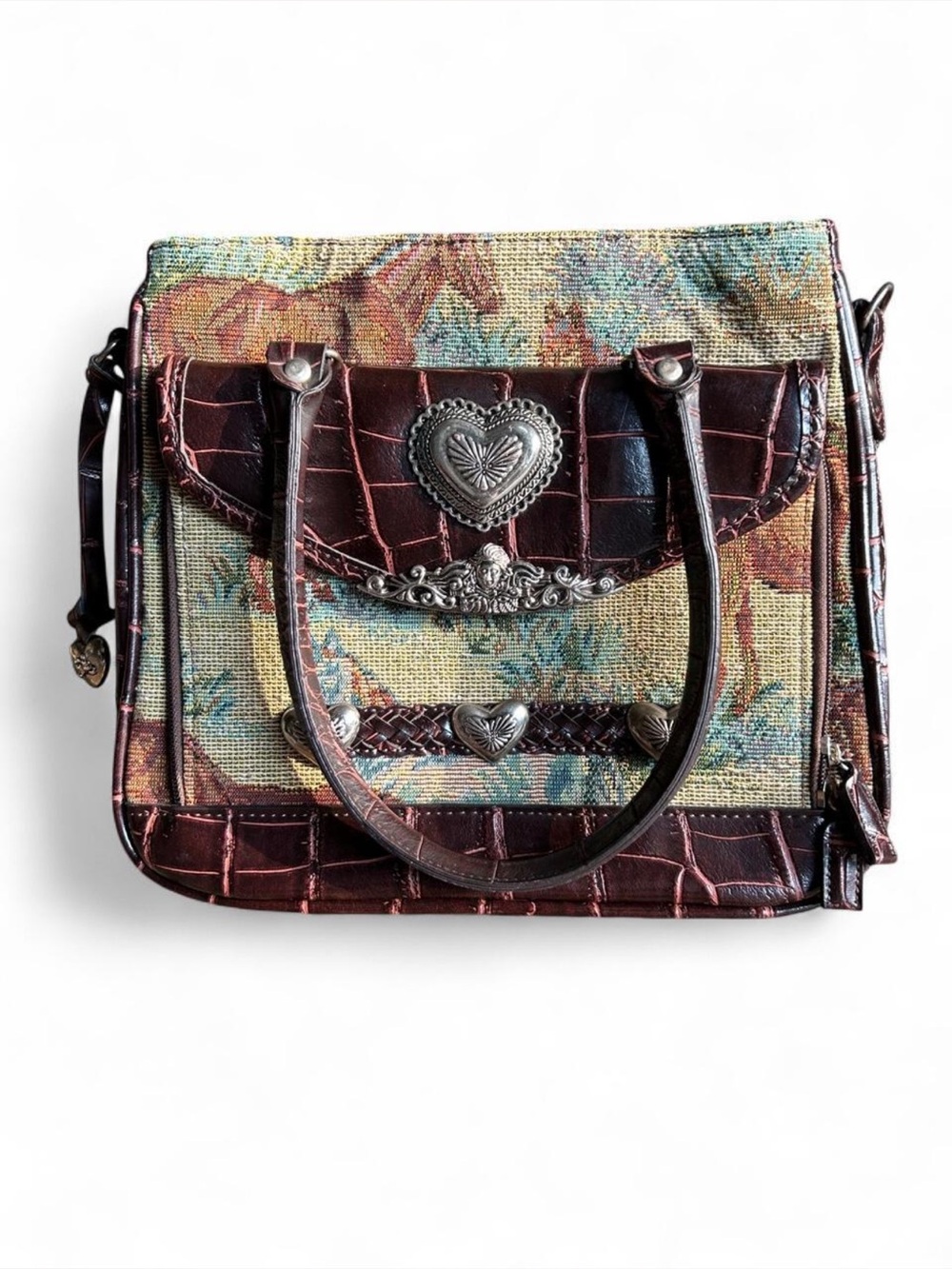 Vintage 90s Western Horse Tapestry Bag Boho Cowgirl Heart Concho Purse Croc